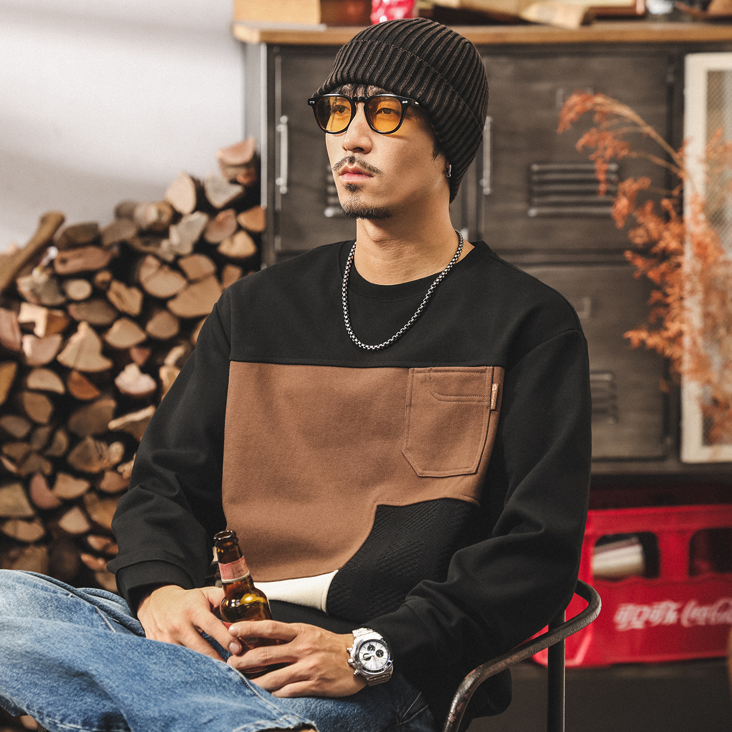 美式復古撞色拼接衛衣男春秋2025新款重磅圓領寬鬆休閒上衣男秋冬