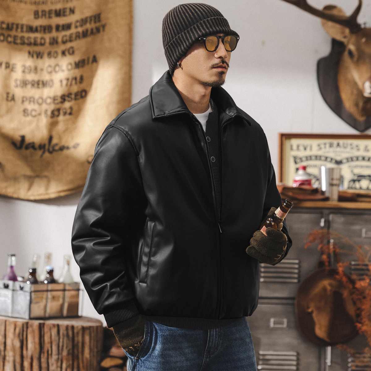 美式復古90鴨絨皮衣羽絨服男款冬季加厚潮牌老錢風乾部行政外套男