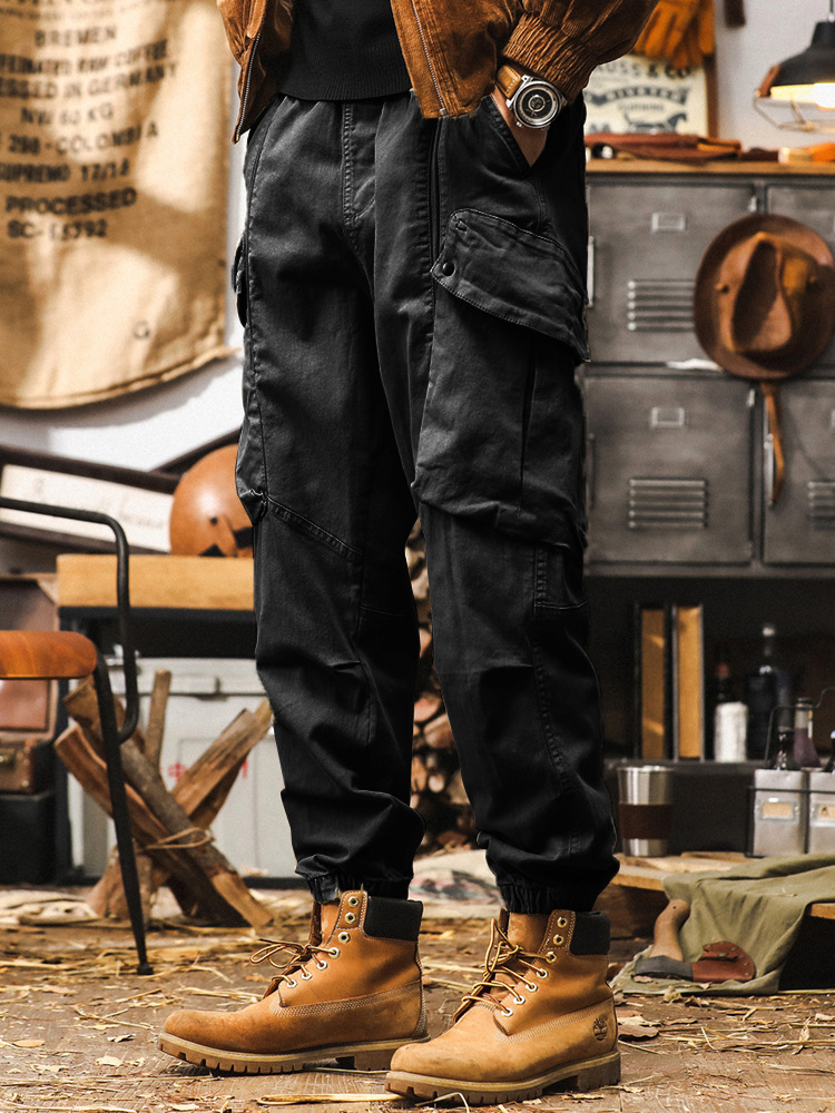 美式復古卡其色工裝褲子男秋季潮牌城市戶外通勤寬鬆大口袋休閒褲