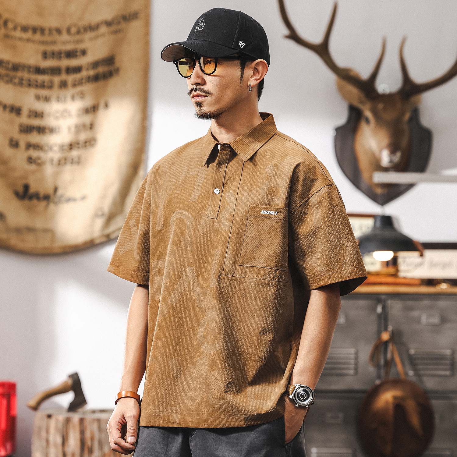 美拉德復古肌理感polo衫男夏季2025新款潮牌寬鬆短袖T恤男士上衣