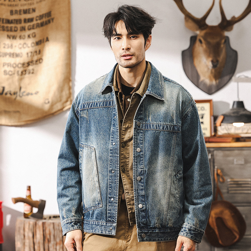 美式經典復古重磅牛仔外套男秋冬款潮牌硬漢痞帥做舊水洗休閒夾克