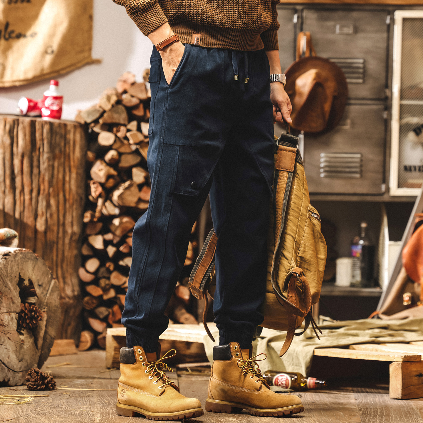 美式復古藏青色工裝褲子男士2025秋季潮牌寬鬆直筒束腳男士休閒褲