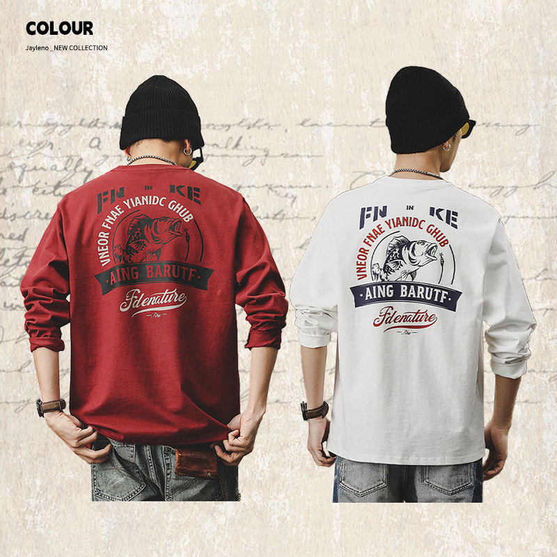 美式260g重磅長袖T恤男春季2024新款寬鬆上衣潮牌紅色衣服男