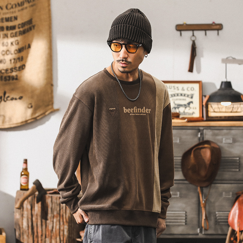 美式復古條絨360g重磅衛衣男秋冬款潮牌撞色拼接寬鬆秋季休閒上衣