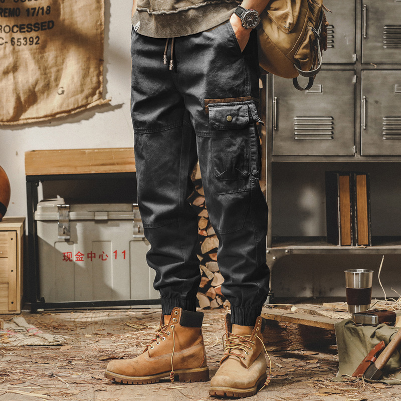 美式重磅復古工裝褲子男寬鬆直筒束腳褲2023年秋冬款潮流休閒長褲