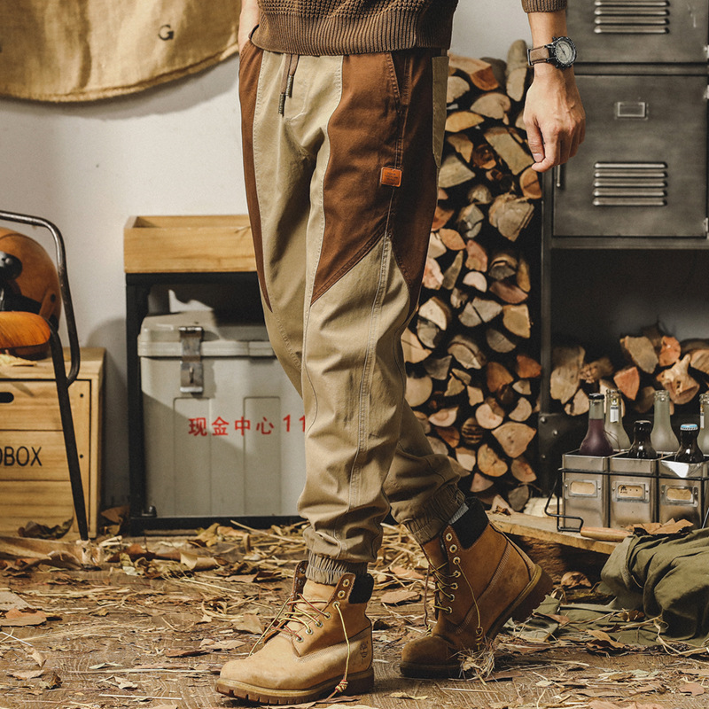 杰雷諾美式復古工裝褲子男秋冬款潮牌撞色寬鬆直筒男士束腳休閒褲