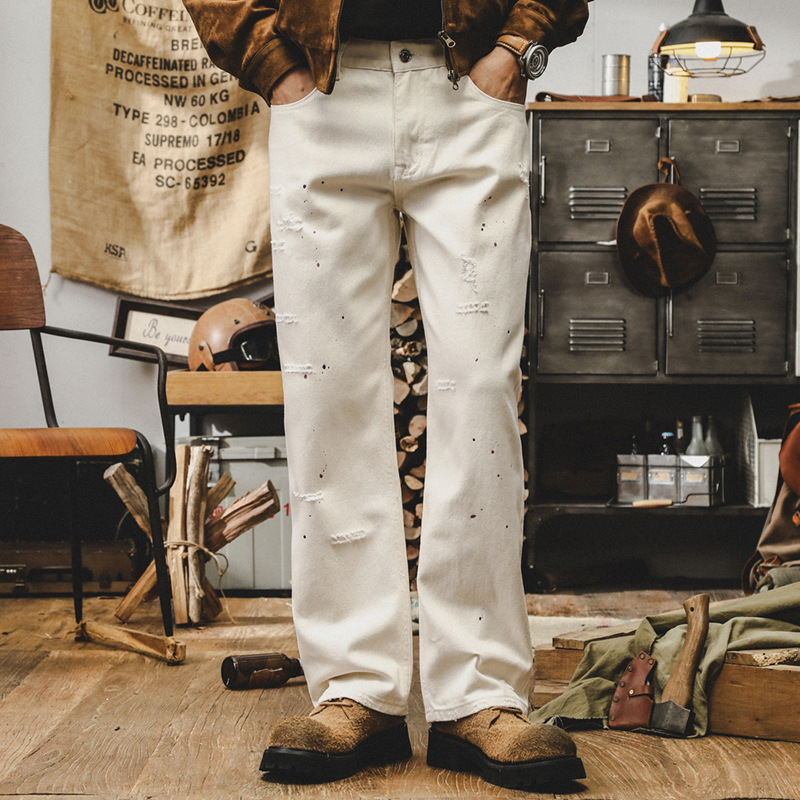 美式潮牌潑墨直筒牛仔褲男秋季寬松破洞休閑潮流白色褲子男春秋款