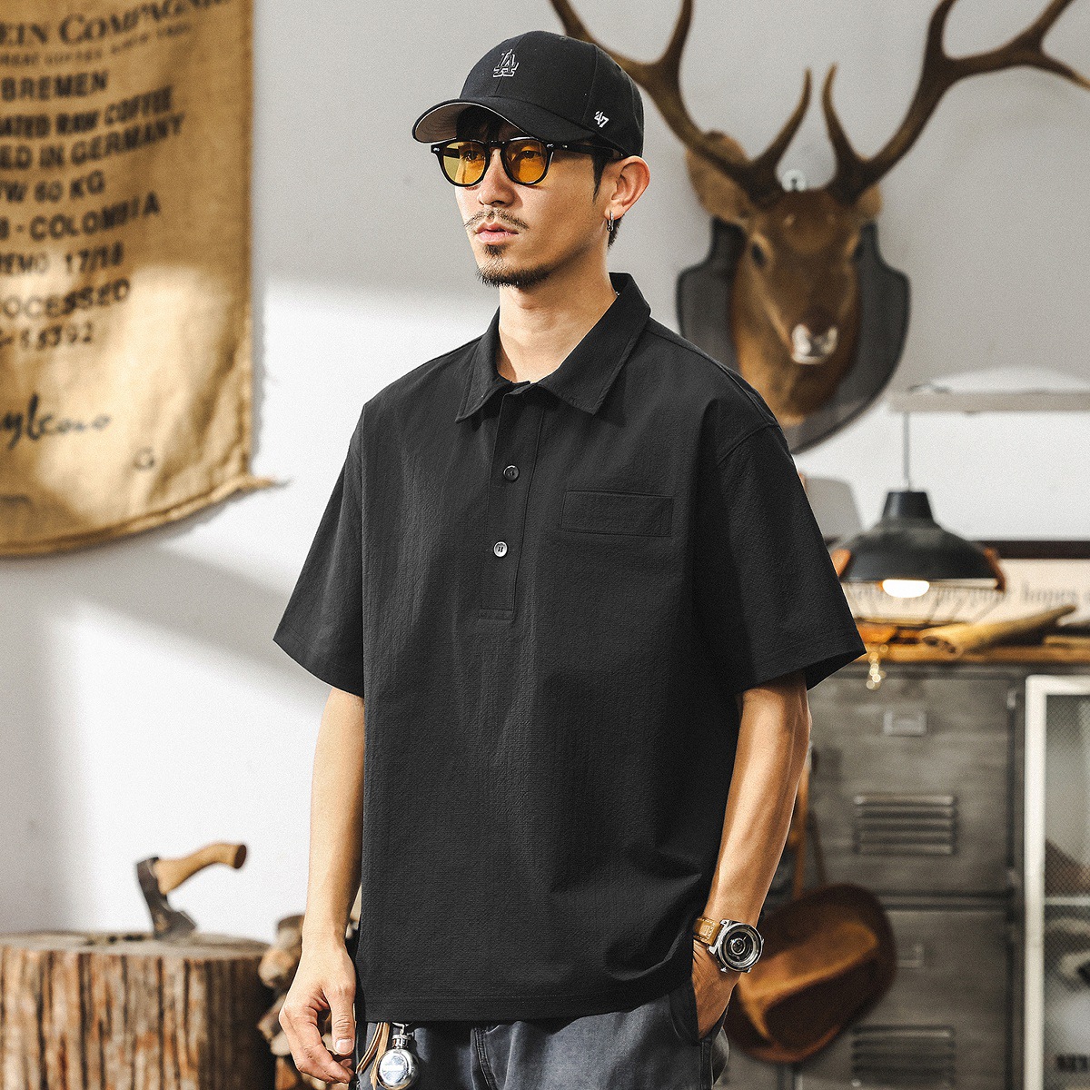 泡泡紗短袖男夏季涼感Polo衫男士寬鬆2025新款美式復古半袖T恤男