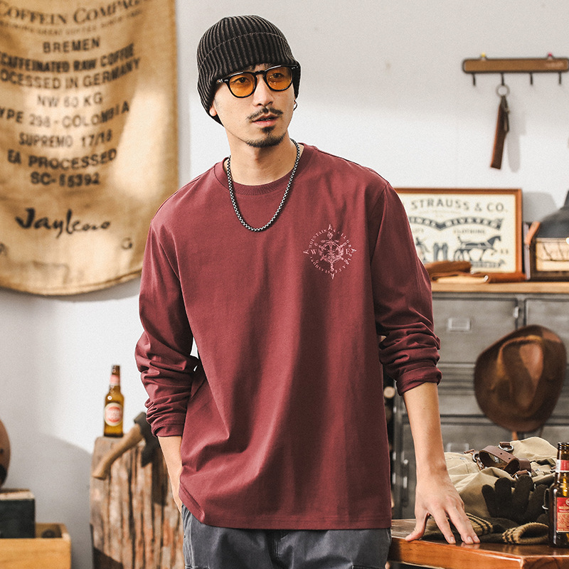杰雷諾美式復古酒紅色長袖T恤男寬鬆重磅秋季大碼休閒男裝上衣潮