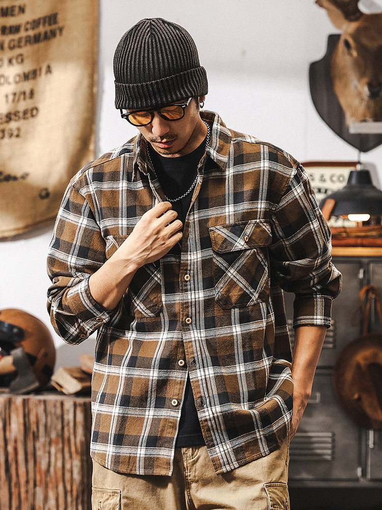 美式復古磨毛格子襯衫男長袖春秋季2025新款潮牌寬鬆休閒襯衣外套