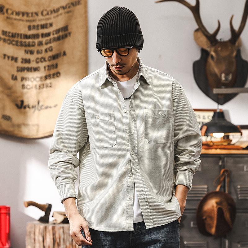 40支牛津紡條紋襯衫男美式復古2025新款潮牌休閒春季長袖上衣襯衣