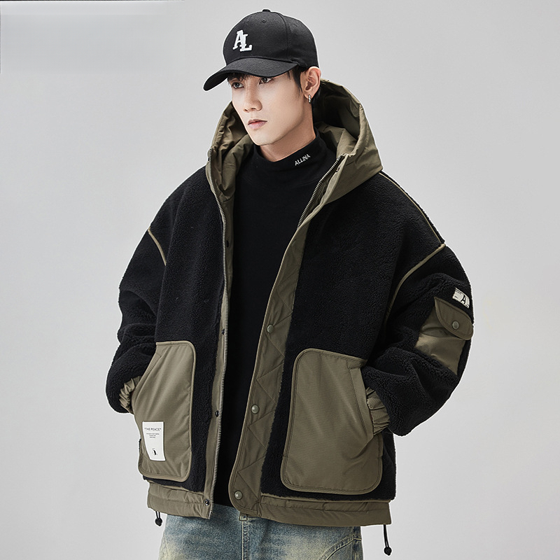 GURBAKS秋冬新款潮牌連帽撞色羽絨服外套男裝拼接工裝顆粒絨羽絨