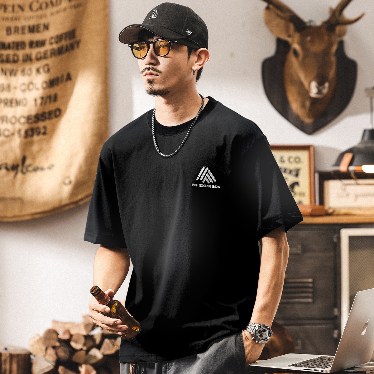 夏季男士短袖2025新款潮流t恤男裝寬鬆半袖體恤休閒美式印花上衣T