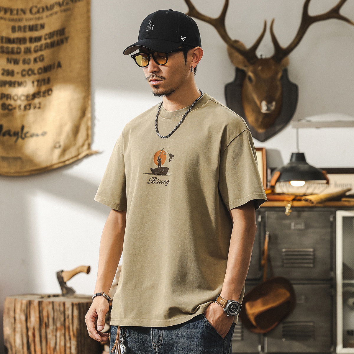 美式復古水洗做舊T恤男短袖夏季2025新款潮牌重磅寬鬆上衣男