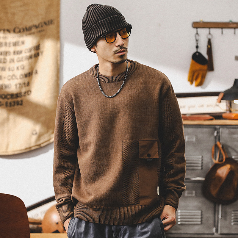 美式復古重磅針織衫男款冬季潮牌口袋拼接毛衣慵懶風男士寬鬆上衣