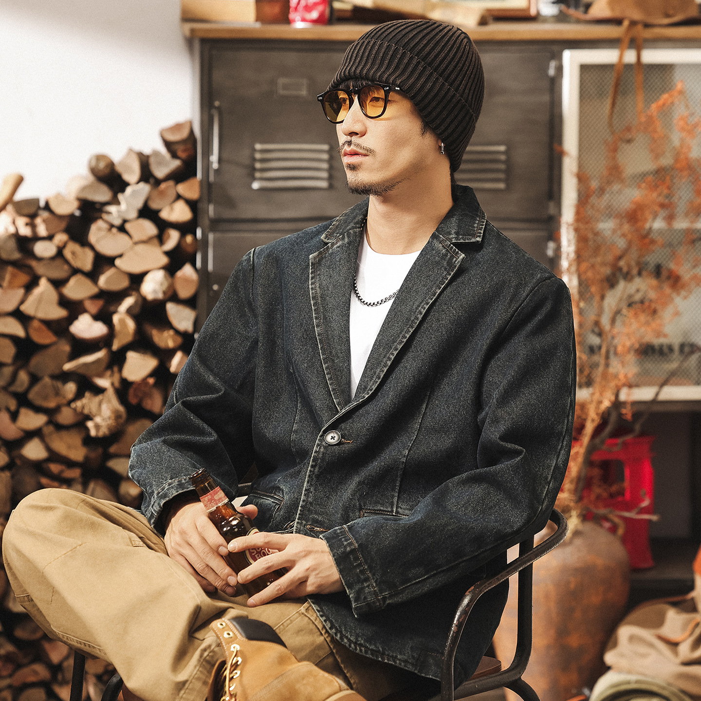 美式復古阿美咔嘰休閒牛仔西裝外套男春秋重工水洗工裝夾克西服男