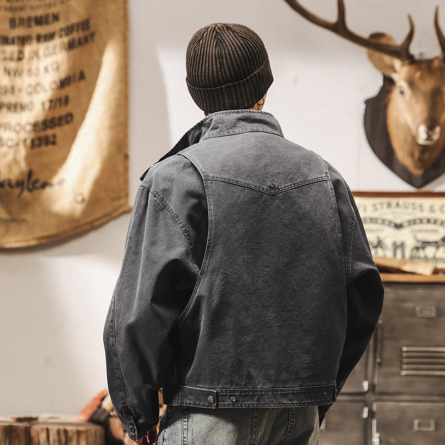 美式復古重磅工裝外套男春秋寬鬆潮牌重工水洗硬漢休閒短款夾克男