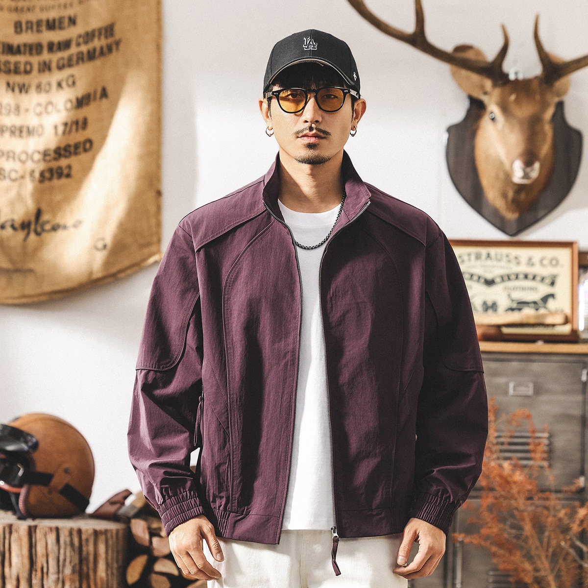 美式復古紫色外套男春秋2025新款潮牌城市通勤立領寬鬆教練夾克男