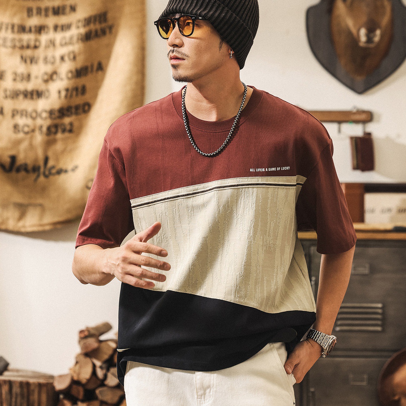 美式復古拼接提花T恤男夏季新款潮流男裝短袖寬鬆休閒上衣男T潮流