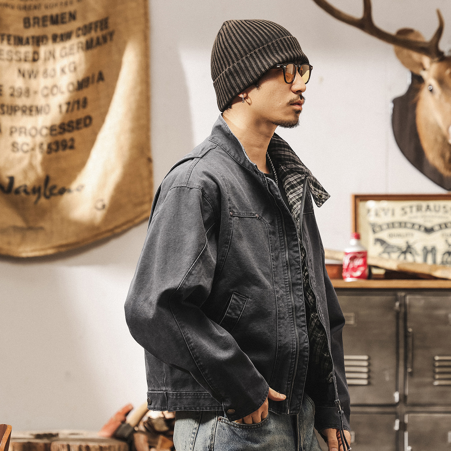 美式復古重磅工裝外套男春秋寬鬆潮牌重工水洗硬漢休閒短款夾克男