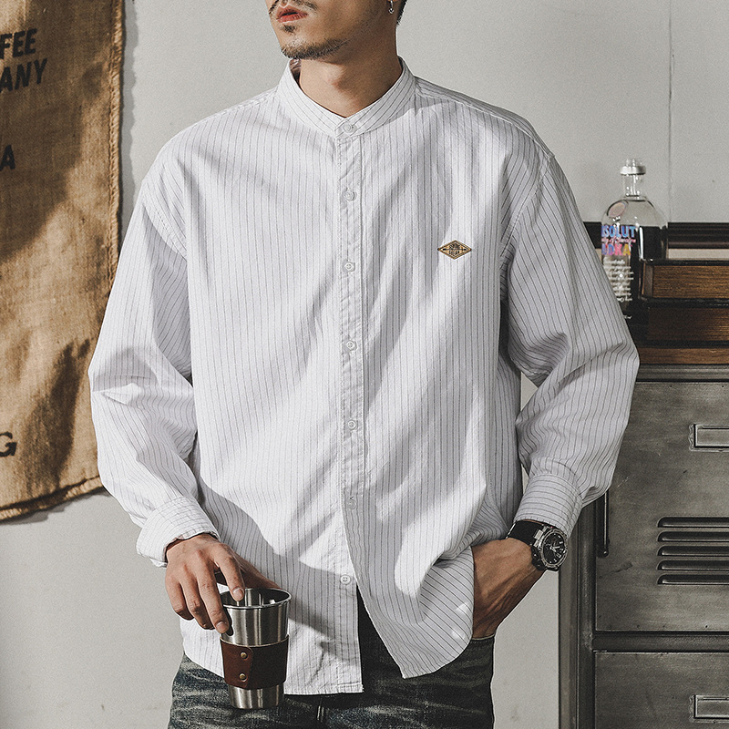 杰雷諾美式簡約白色立領襯衫男2024春季工裝長袖外套寬鬆休閒襯衣