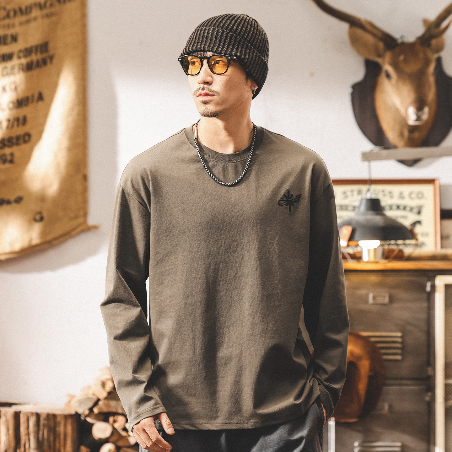 美式復古長袖t恤男秋季2025新款刺繡潮牌寬鬆大碼休閒男士上衣潮T