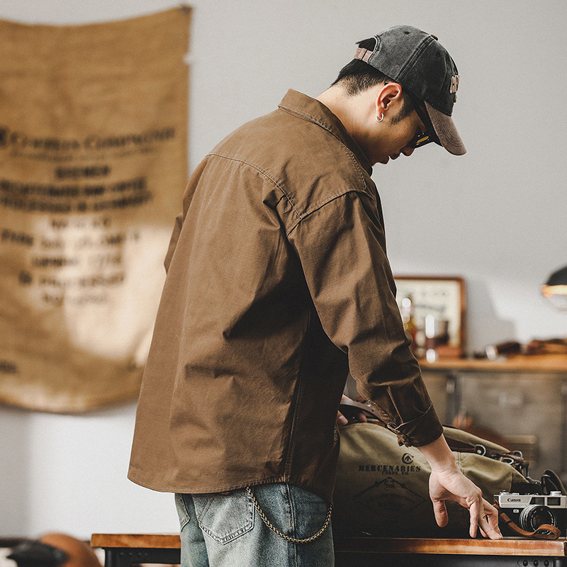 美式經典復古工裝襯衫男長袖2024新款硬漢戶外耐磨襯衣美拉德外套