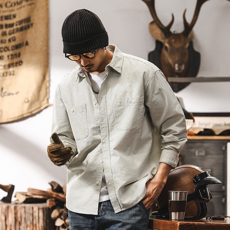 40支牛津紡條紋襯衫男美式復古2025新款潮牌休閒春季長袖上衣襯衣