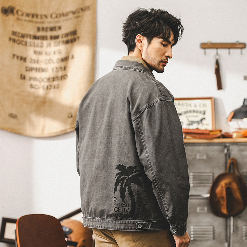 美式復古重磅牛仔外套男秋季2024新款寬鬆潮牌洗褪做舊工裝夾克男