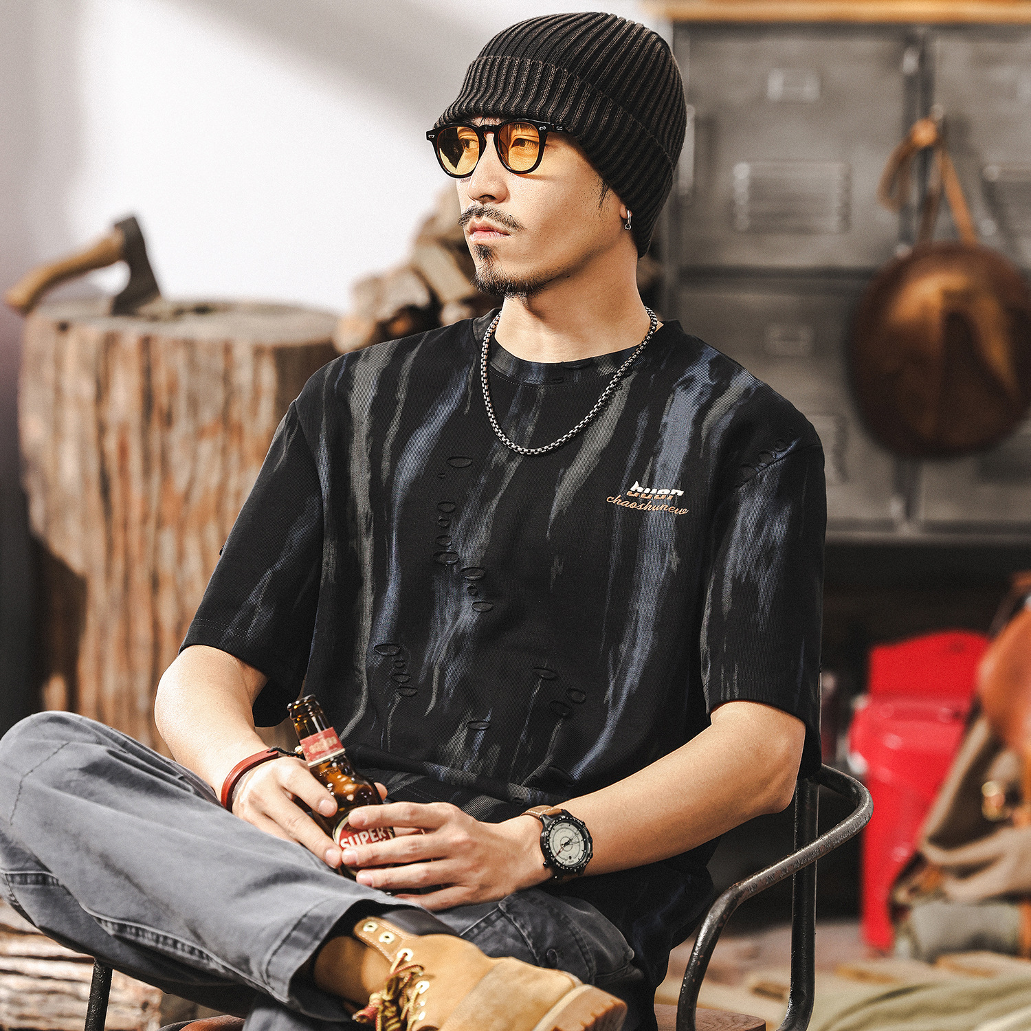 高級感夢幻雲染提花短袖T恤男夏季美式復古潮牌痞帥寬鬆男士上衣