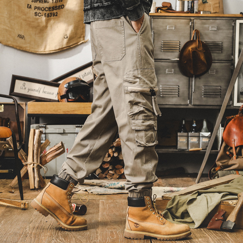 傑雷諾美式複古卡其色束腳休閑褲男春秋潮牌寬松多口袋工裝褲男款
