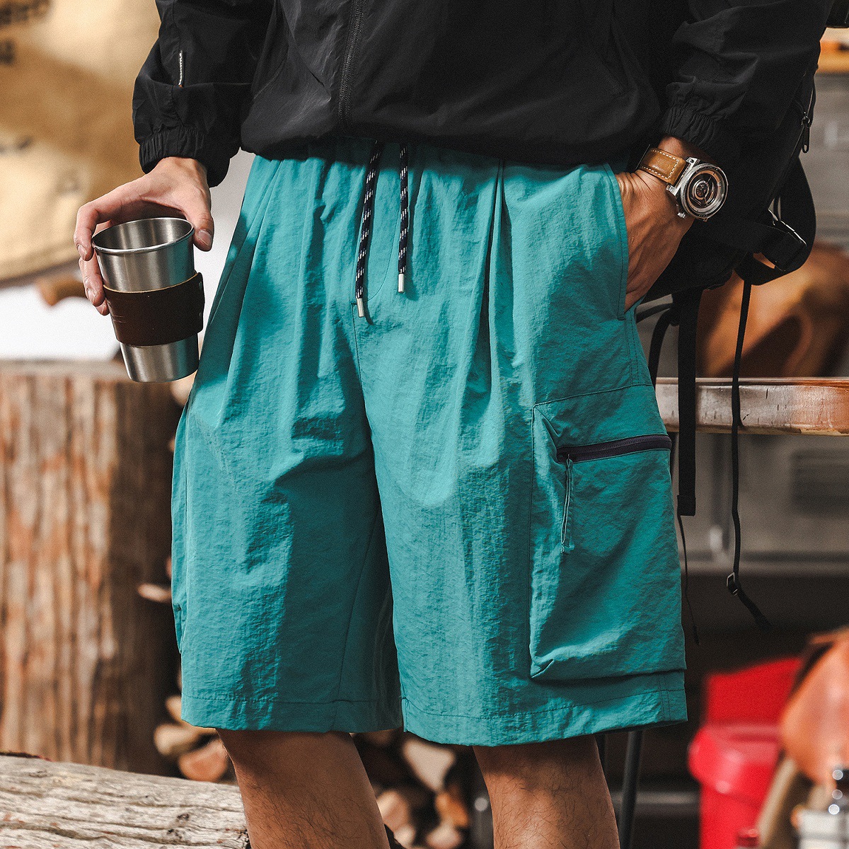 美式戶外順滑冰絲涼感工裝短褲男夏季粉色薄款褲子男休閒五分褲男