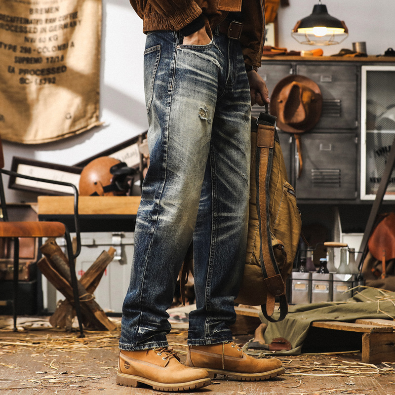 美式經典復古牛仔褲男直筒2024新款褲子男秋季潮牌重水洗休閒長褲