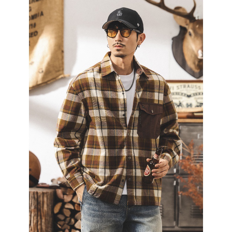 美式重磅復古格子襯衫男長袖秋季磨毛寬鬆潮牌工裝襯衣外套男春秋
