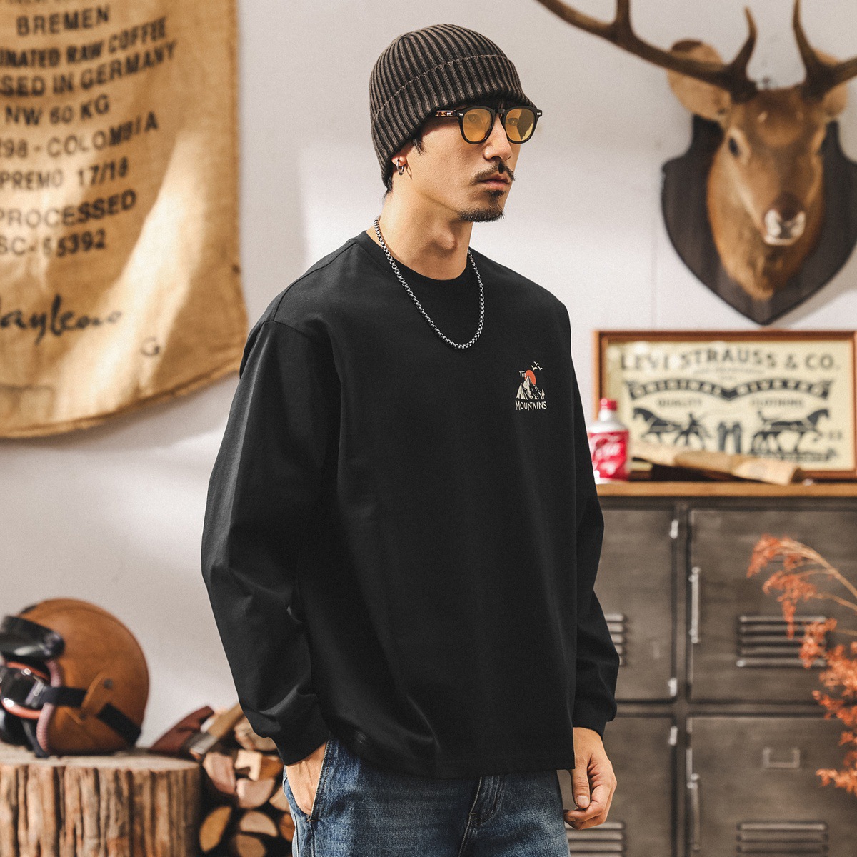 美式山系復古長袖t恤男秋季2025新款寬鬆大碼男裝重磅純棉上衣男T