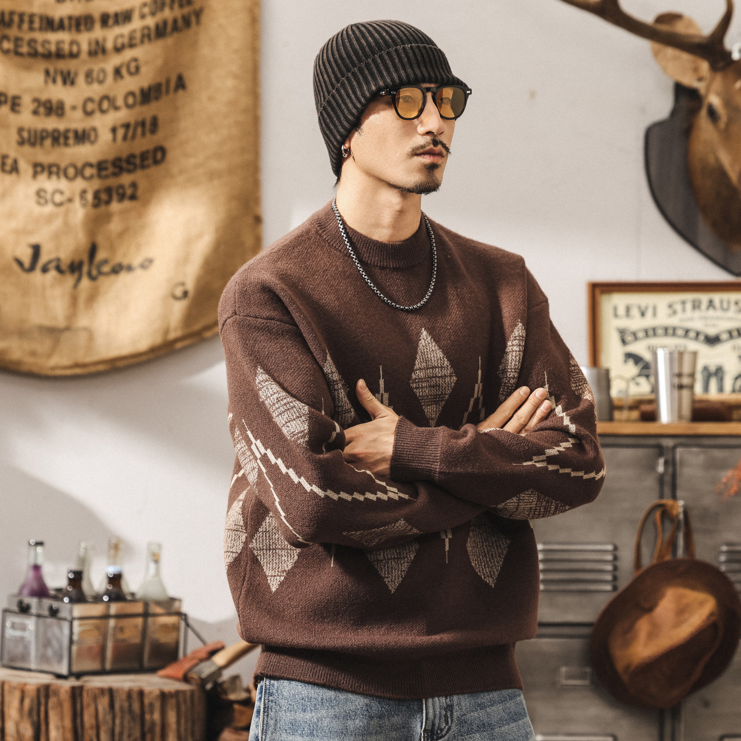 美式復古費爾島男士毛衣冬季加厚新款潮流民族風圓領針織衫上衣男