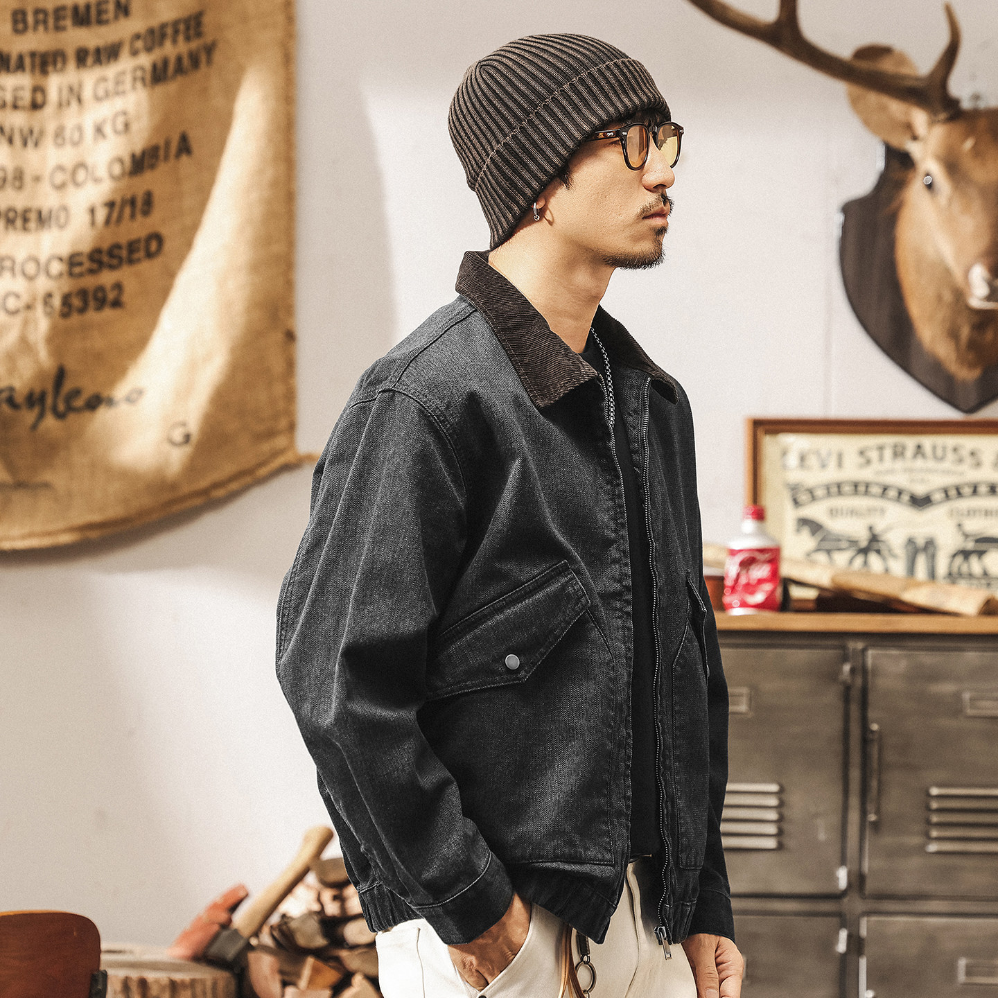 美式復古底特律夾克男春季新款潮牌帥氣提花亞麻珠帆布工裝外套男