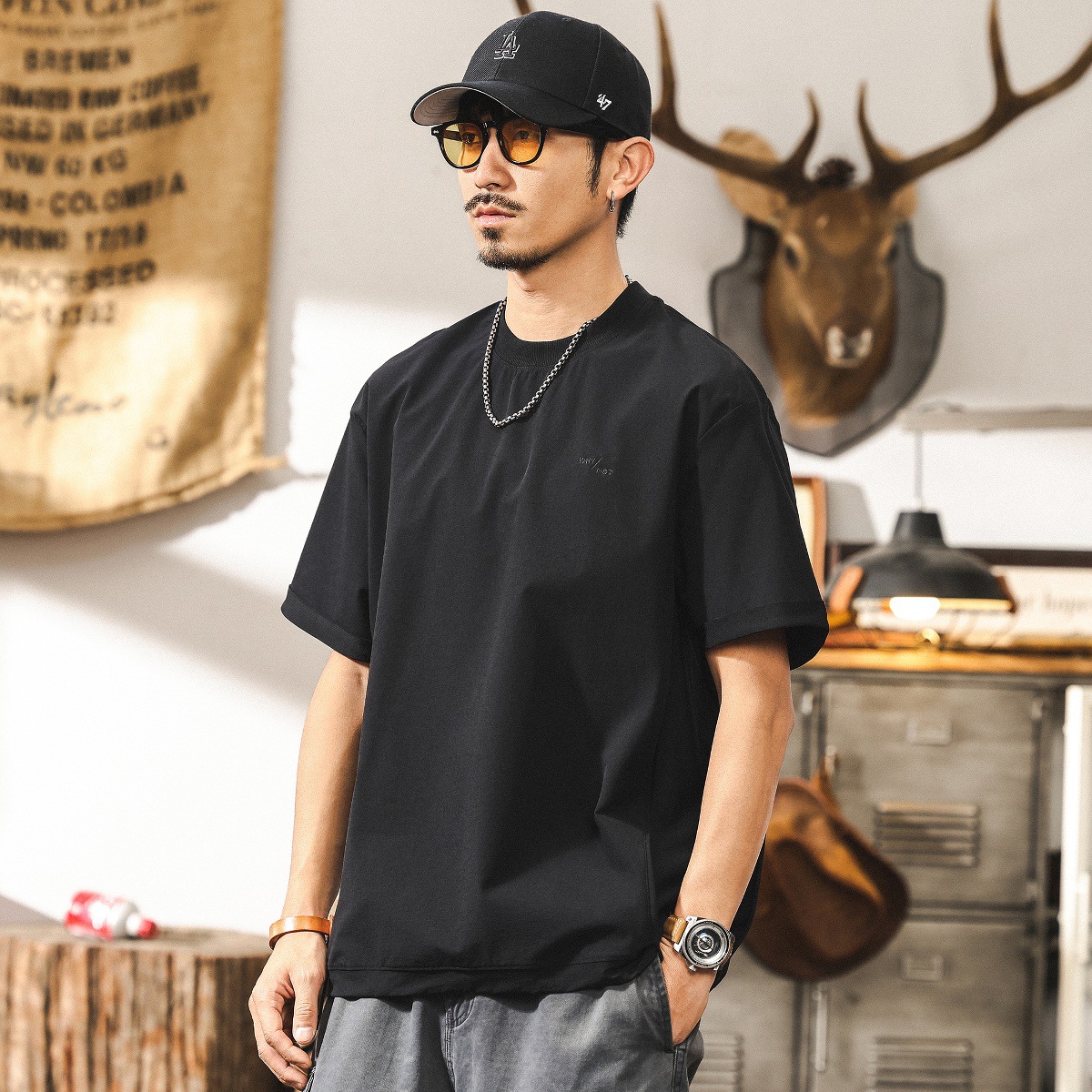 美式山系戶外短袖T恤男寬鬆夏季涼感城市通勤機能速幹半袖上衣男