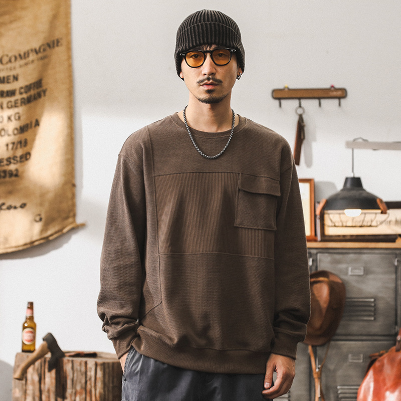 美式復古330g重磅衛衣男秋季新款提花條絨針織衫潮牌拼接男款上衣