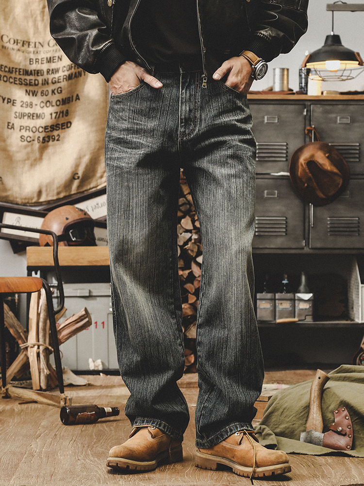 美式複古重磅牛仔褲男款潮牌高端秋季褲子男直筒寬松大碼休閑長褲