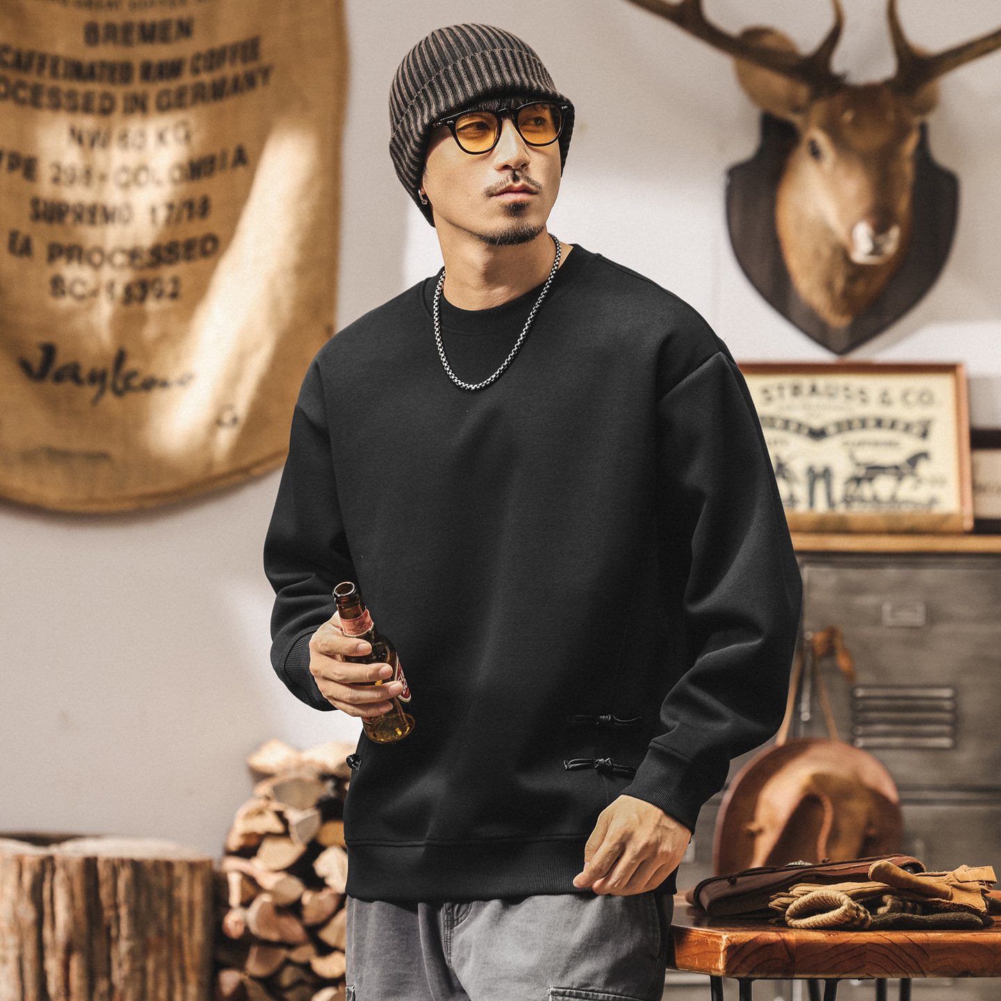 新中式復古盤扣黑色重磅衛衣男春秋2025新款潮牌寬鬆休閒男士上衣