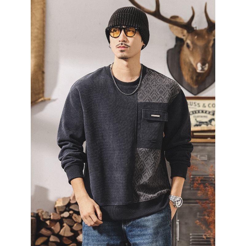 美式復古380g重磅衛衣男春秋2025新款提花拼接加厚秋冬寬鬆上衣男