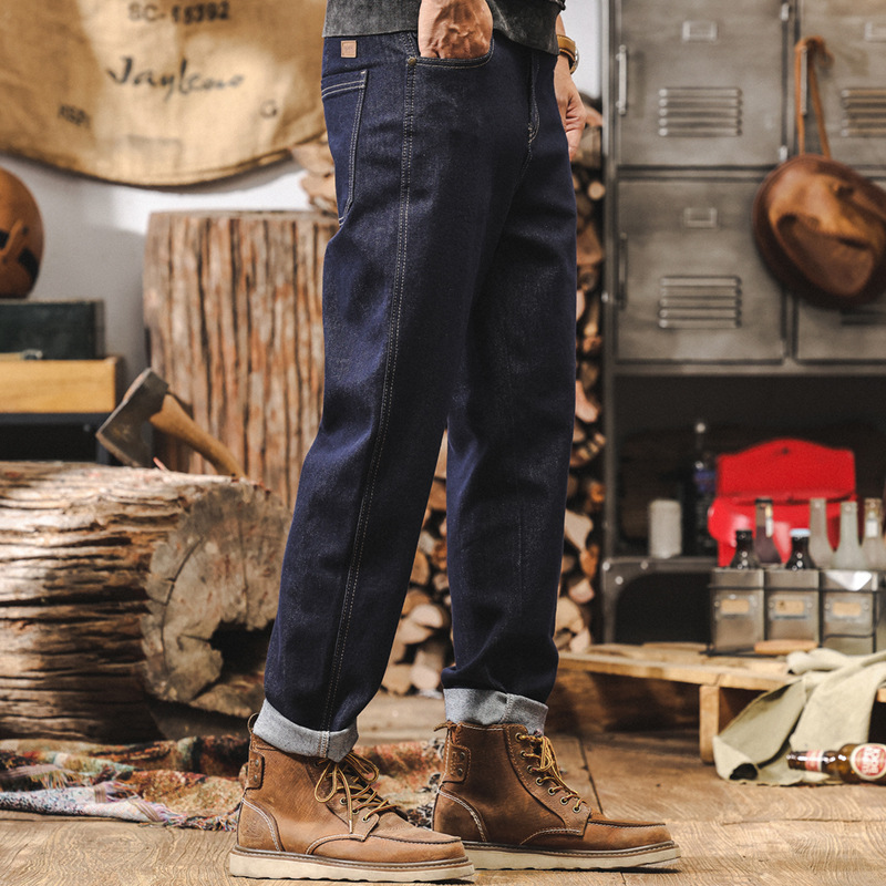 活性染不掉色加絨牛仔褲男美式復古水洗潮牌褲子男秋冬款直筒長褲