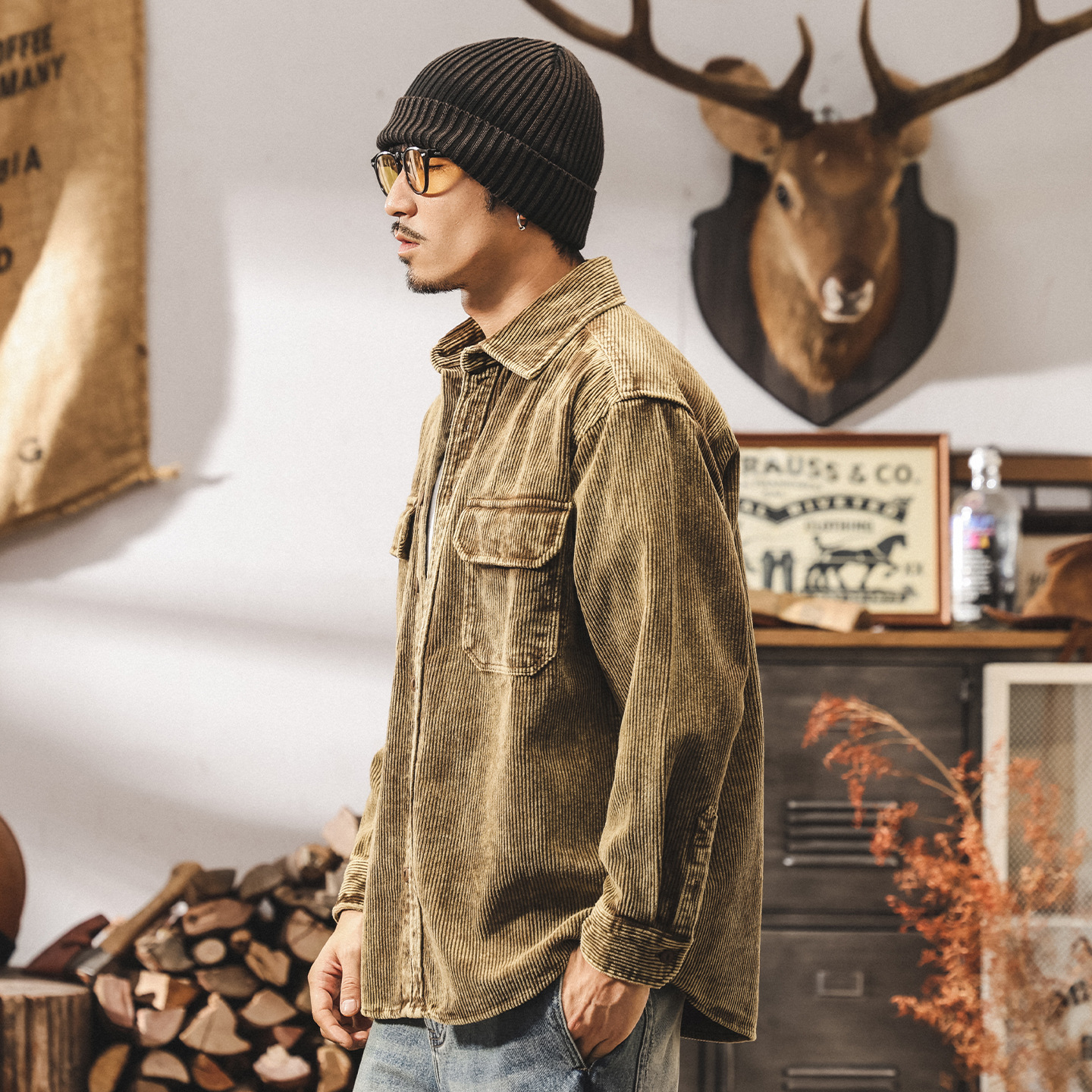 美式復古工裝襯衫男長袖春秋潮牌襯衣男寬鬆老錢風燈芯絨夾克外套