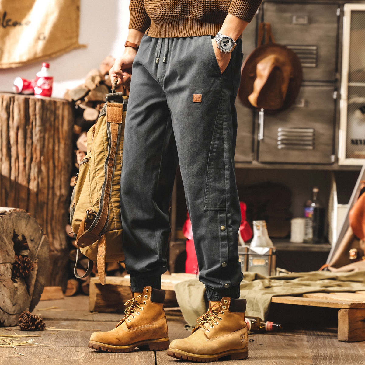 美式重磅雪花絨褲子男春秋復古潮牌工裝休閒褲男寬鬆直筒秋季長褲