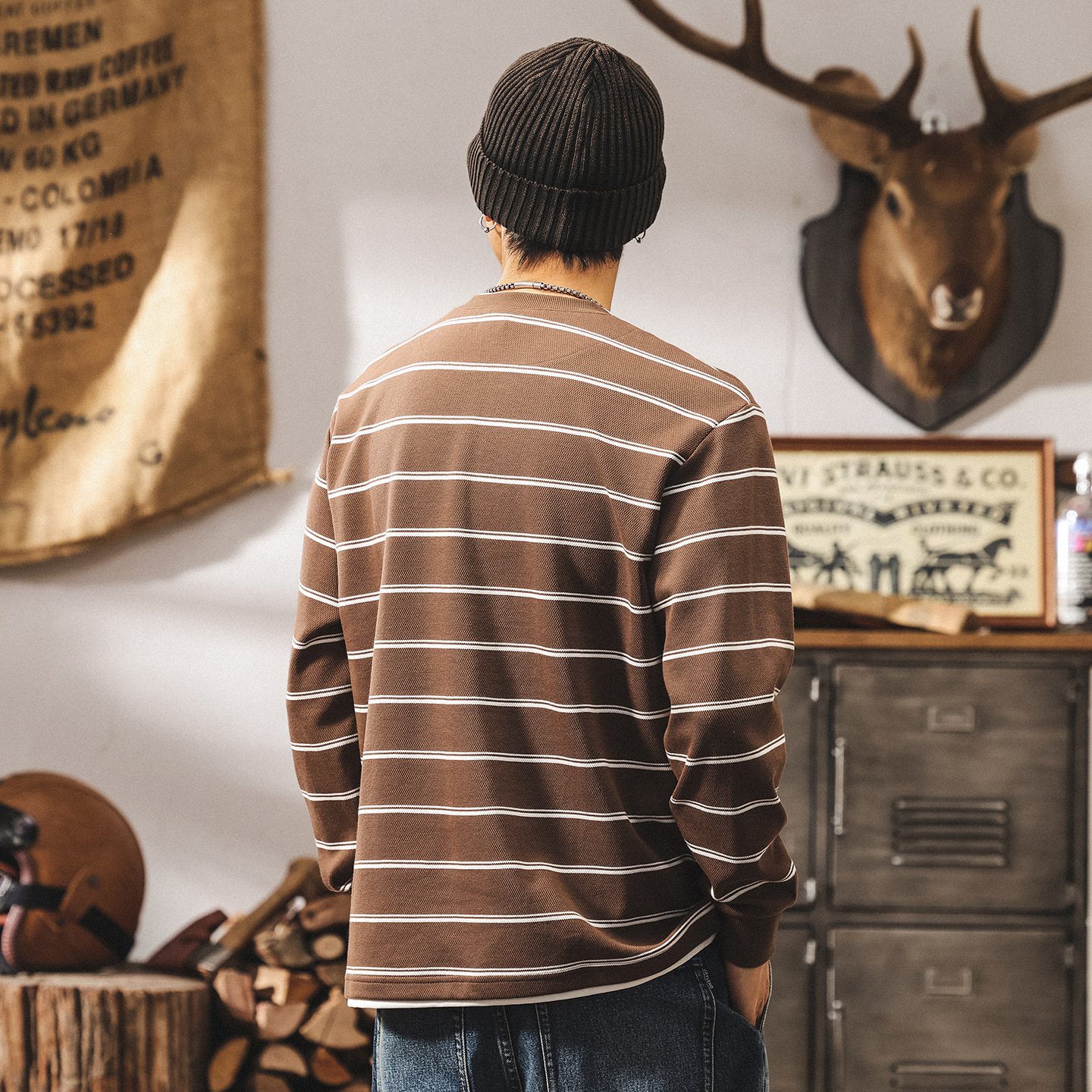 美式復古假兩件衛衣男春秋2025新款重磅條紋V領t恤男長袖寬鬆上衣