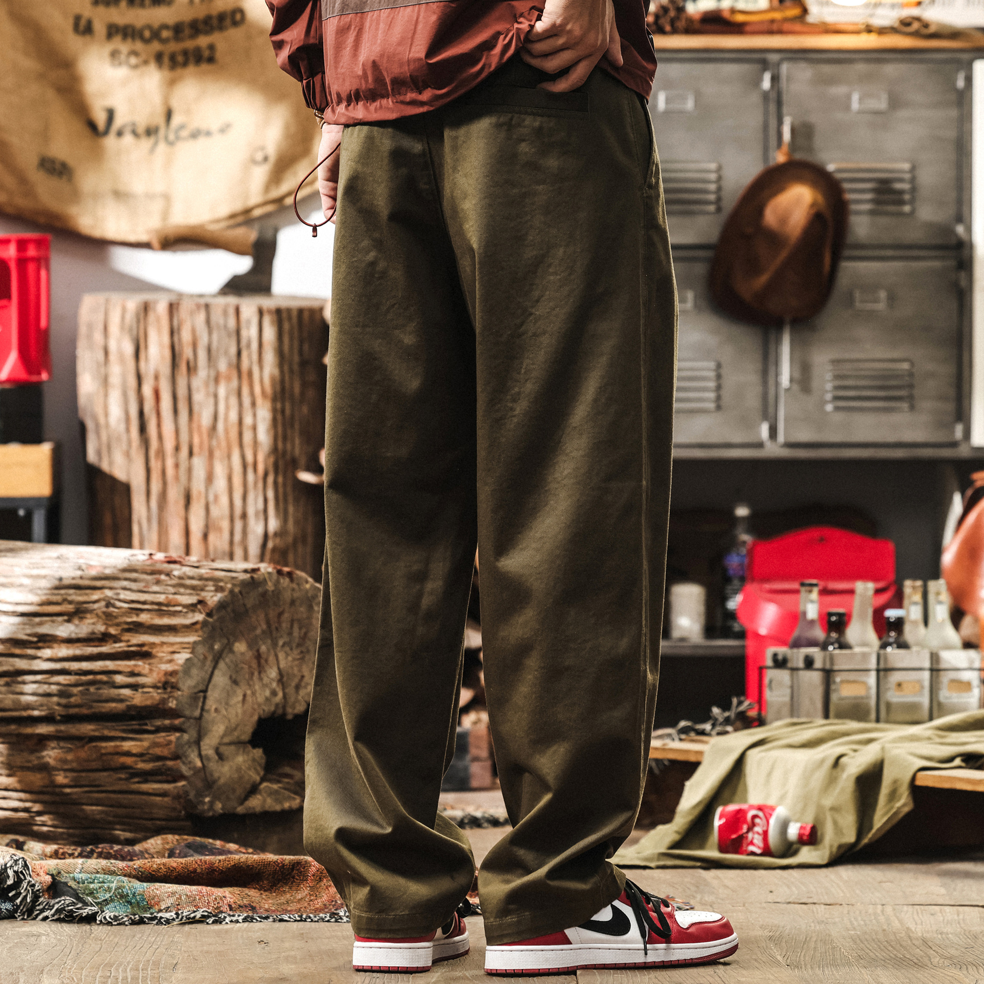 美式復古軍綠色褲子男潮牌直筒水洗闊腿工裝長褲男士寬鬆休閒褲男