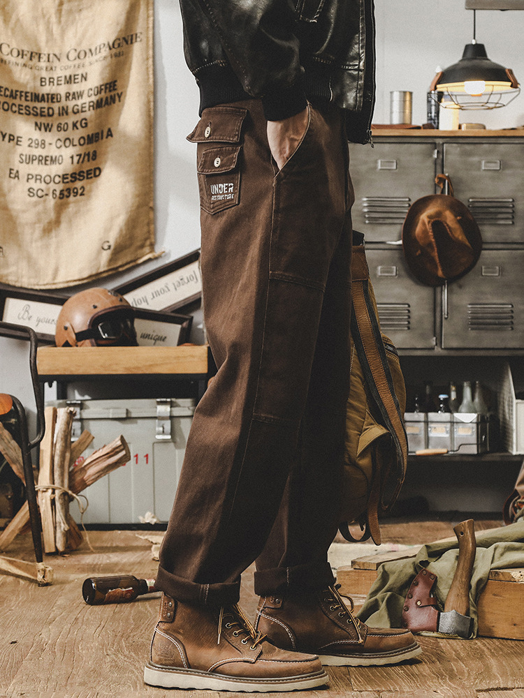 美式經典黑色工裝褲子男直筒秋季潮牌重磅寬松多口袋男士休閑長褲