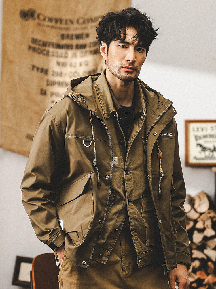 美式複古工裝夾克男春秋款潮牌軍綠色寬松上衣戶外防風連帽外套男