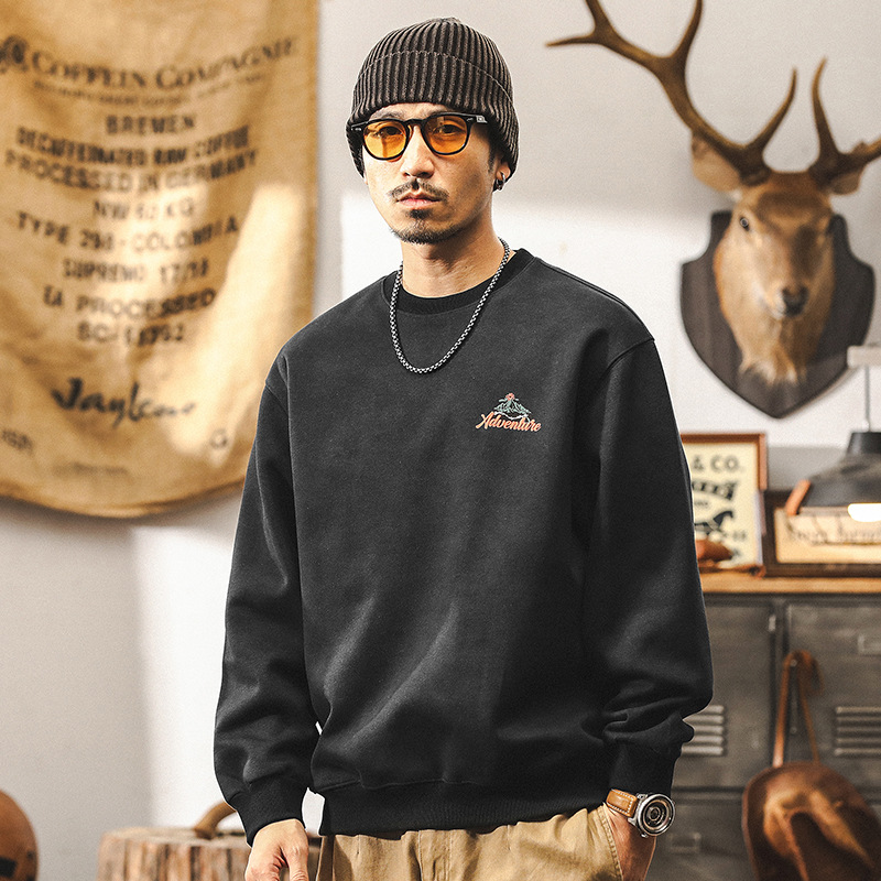 美式復古350g重磅黑色衛衣男秋冬新款潮牌山系印花體恤寬鬆上衣男